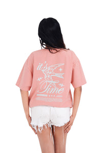 It's Time Oversized Tee in Coral, back graphic