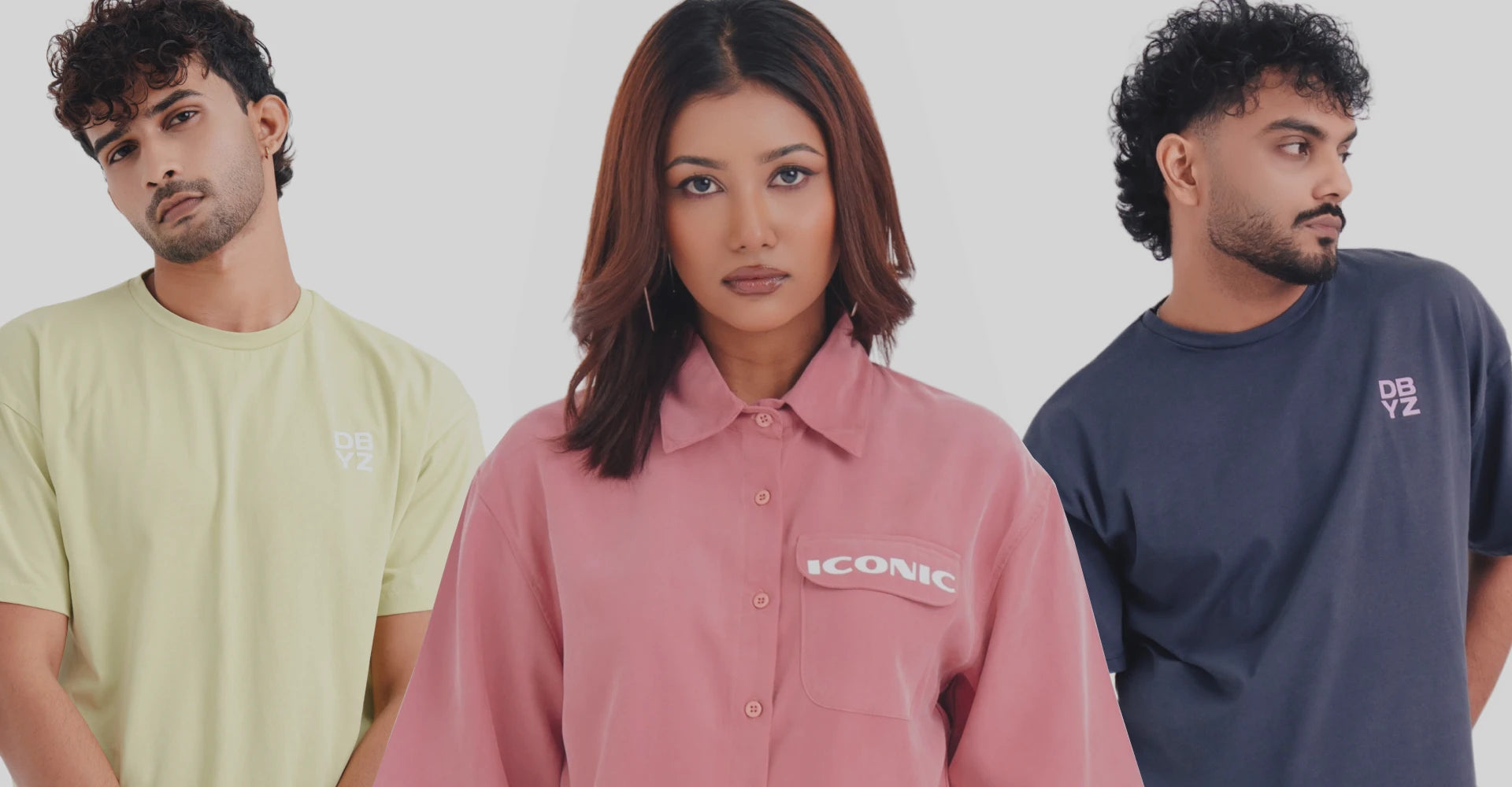DBYZ campaign: oversized tees in pistachio and washed navy, and the dusty rose ICONIC shirt